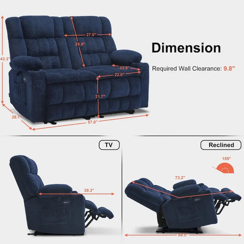 Canapé inclinable 2 places électrique MCombo, avec chauffage et vibration, porte-gobelets et ports de recharge USB RS6314