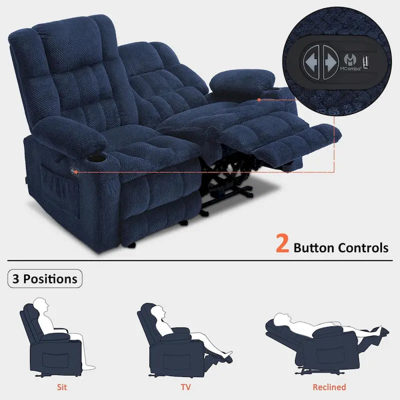 Canapé inclinable 2 places électrique MCombo, avec chauffage et vibration, porte-gobelets et ports de recharge USB RS6314