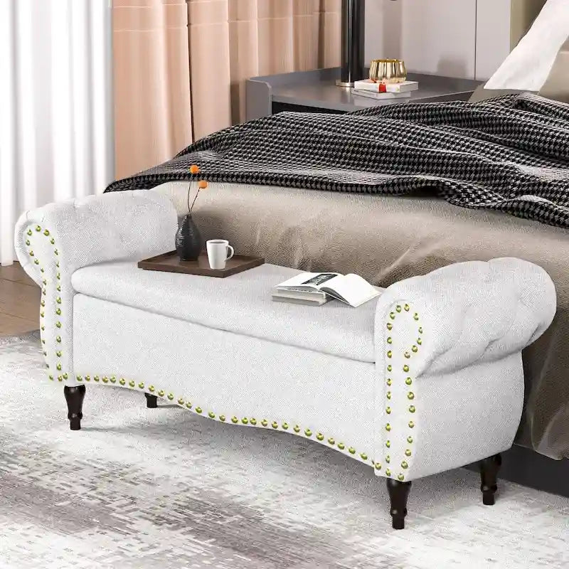Banc capitonné de 53 pouces avec charnière de sécurité et accoudoirs roulés, coffre de rangement au pied du lit