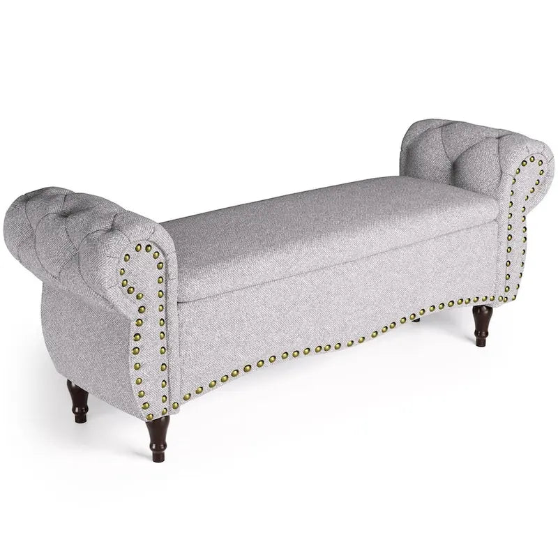 Banc capitonné de 53 pouces avec charnière de sécurité et accoudoirs roulés, coffre de rangement au pied du lit