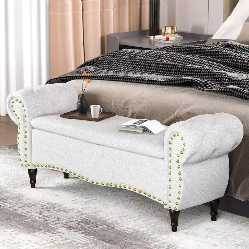 Banc capitonné de 53 pouces avec charnière de sécurité et accoudoirs roulés, coffre de rangement au pied du lit
