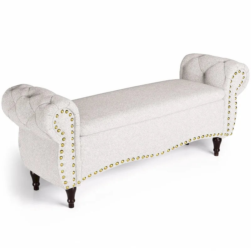 Banc capitonné de 53 pouces avec charnière de sécurité et accoudoirs roulés, coffre de rangement au pied du lit