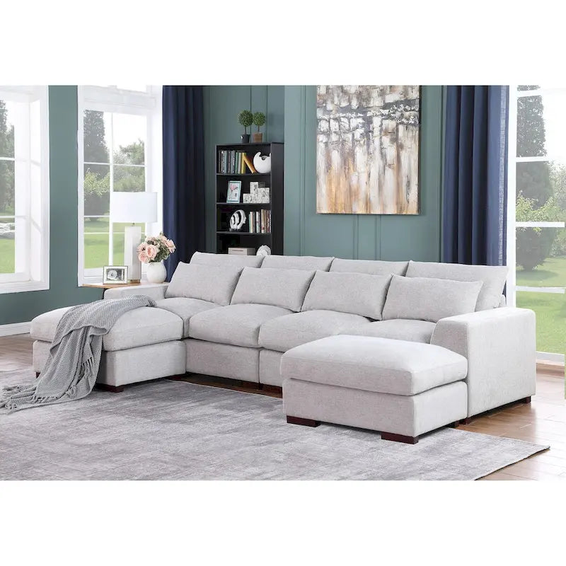 Canapé modulaire Tatman en mélange de lin avec deux poufs - 123.24W x 37.8D x 34.25H