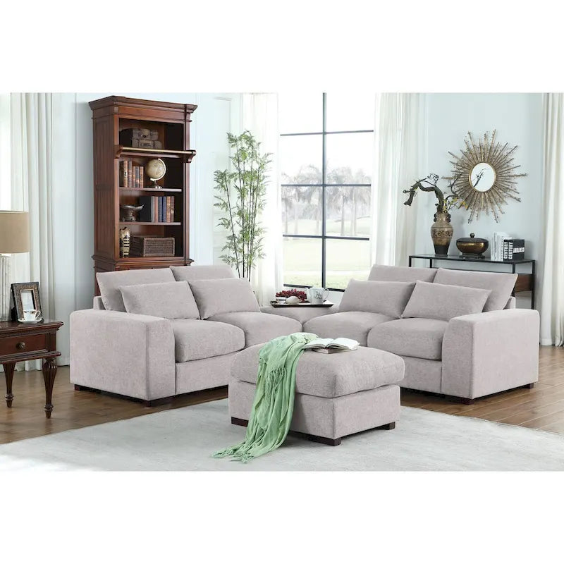 Canapé modulaire Tatman en mélange de lin avec deux poufs - 123.24W x 37.8D x 34.25H