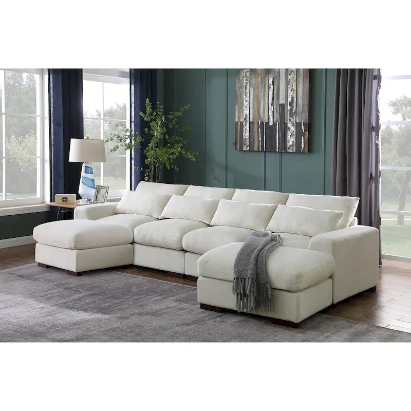 Canapé modulaire Tatman en mélange de lin avec deux poufs - 123.24W x 37.8D x 34.25H