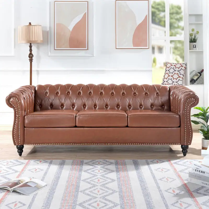 Classically Elegant 84.65 Three-Seater Rolled Arm Chesterfield Sofa in PU Leather - Sturdy Birch Legs, Soft Upholstery