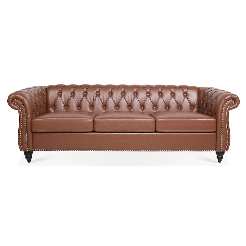 Klassisch elegantes 84.65-Dreisitzer-Chesterfield-Sofa mit gerollten Armlehnen aus PU-Leder – stabile Birkenbeine, weiche Polsterung