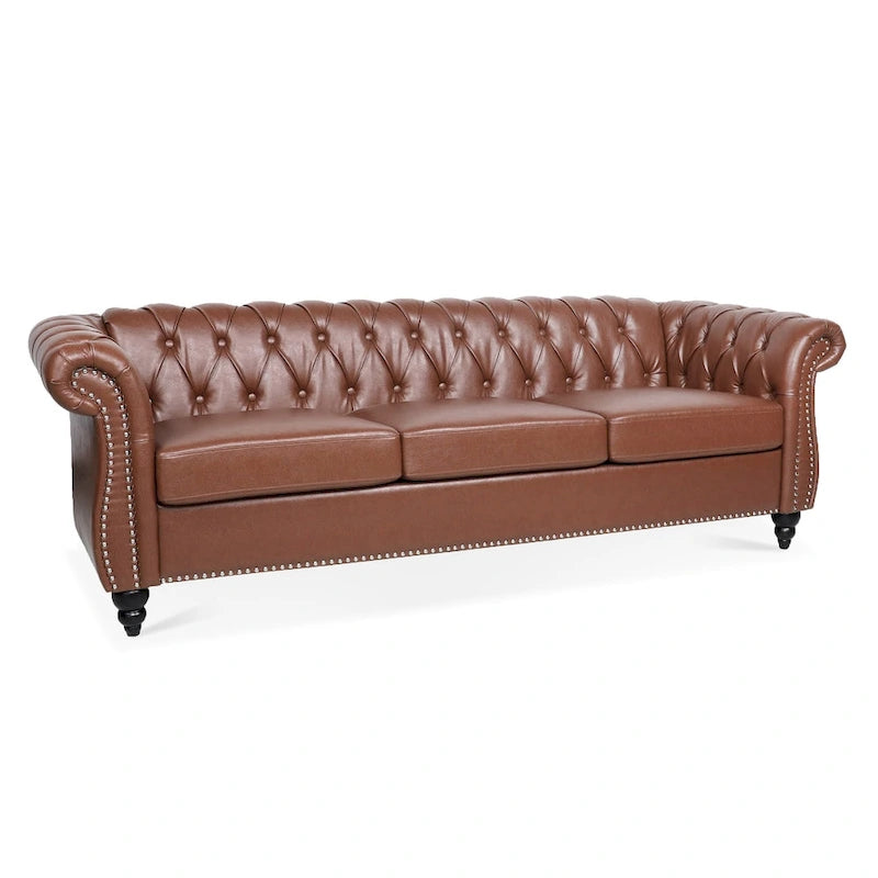 Klassisch elegantes 84.65-Dreisitzer-Chesterfield-Sofa mit gerollten Armlehnen aus PU-Leder – stabile Birkenbeine, weiche Polsterung