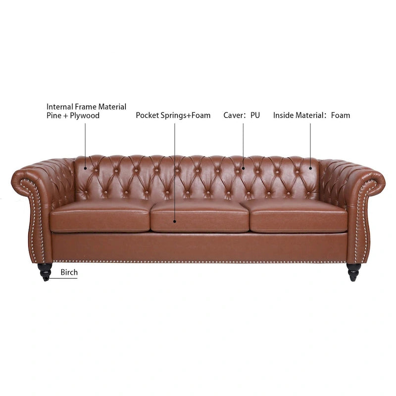 Klassisch elegantes 84.65-Dreisitzer-Chesterfield-Sofa mit gerollten Armlehnen aus PU-Leder – stabile Birkenbeine, weiche Polsterung