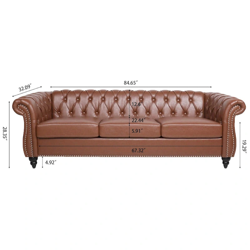 Klassisch elegantes 84.65-Dreisitzer-Chesterfield-Sofa mit gerollten Armlehnen aus PU-Leder – stabile Birkenbeine, weiche Polsterung