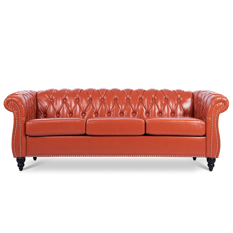 Klassisch elegantes 84.65-Dreisitzer-Chesterfield-Sofa mit gerollten Armlehnen aus PU-Leder – stabile Birkenbeine, weiche Polsterung