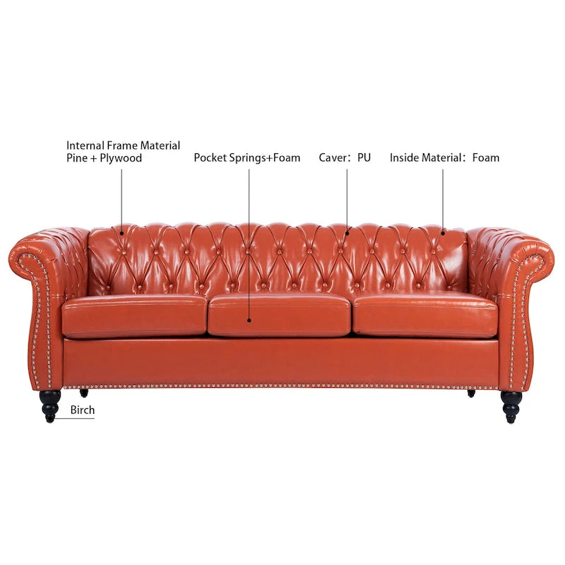 Klassisch elegantes 84.65-Dreisitzer-Chesterfield-Sofa mit gerollten Armlehnen aus PU-Leder – stabile Birkenbeine, weiche Polsterung