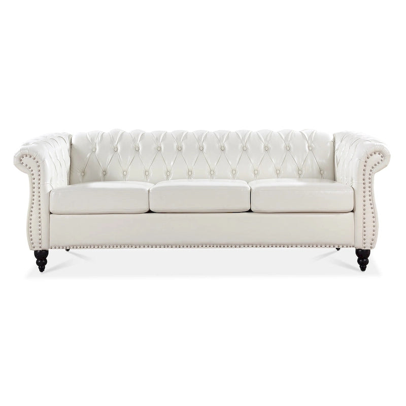 Klassisch elegantes 84.65-Dreisitzer-Chesterfield-Sofa mit gerollten Armlehnen aus PU-Leder – stabile Birkenbeine, weiche Polsterung
