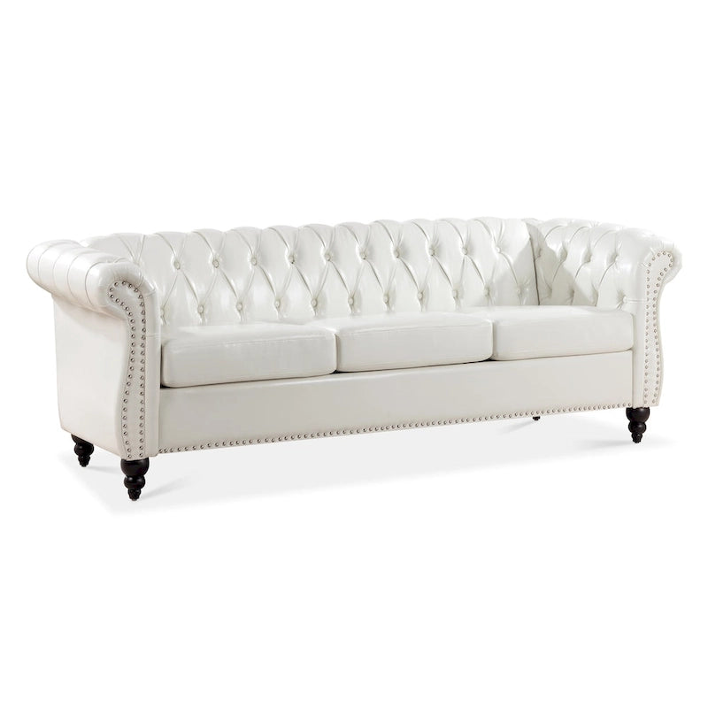 Klassisch elegantes 84.65-Dreisitzer-Chesterfield-Sofa mit gerollten Armlehnen aus PU-Leder – stabile Birkenbeine, weiche Polsterung