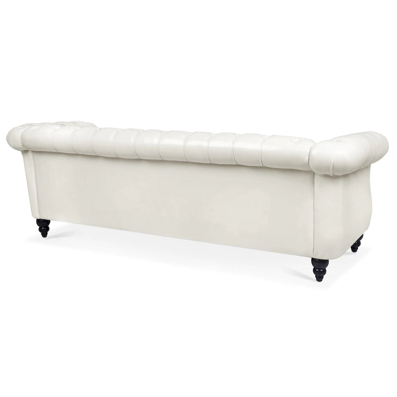 Klassisch elegantes 84.65-Dreisitzer-Chesterfield-Sofa mit gerollten Armlehnen aus PU-Leder – stabile Birkenbeine, weiche Polsterung