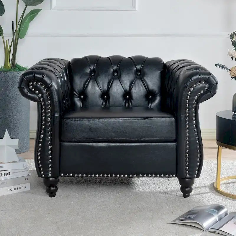 Klassisch elegantes 84.65-Dreisitzer-Chesterfield-Sofa mit gerollten Armlehnen aus PU-Leder – stabile Birkenbeine, weiche Polsterung