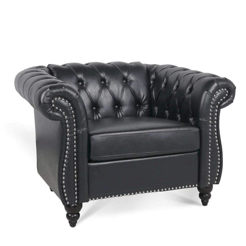 Klassisch elegantes 84.65-Dreisitzer-Chesterfield-Sofa mit gerollten Armlehnen aus PU-Leder – stabile Birkenbeine, weiche Polsterung