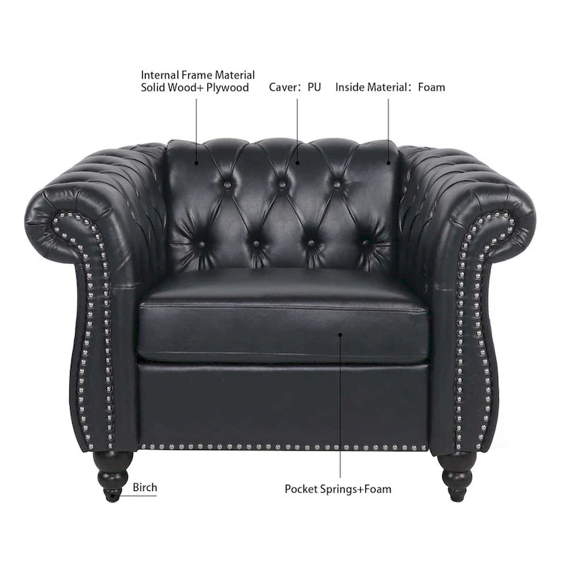 Klassisch elegantes 84.65-Dreisitzer-Chesterfield-Sofa mit gerollten Armlehnen aus PU-Leder – stabile Birkenbeine, weiche Polsterung
