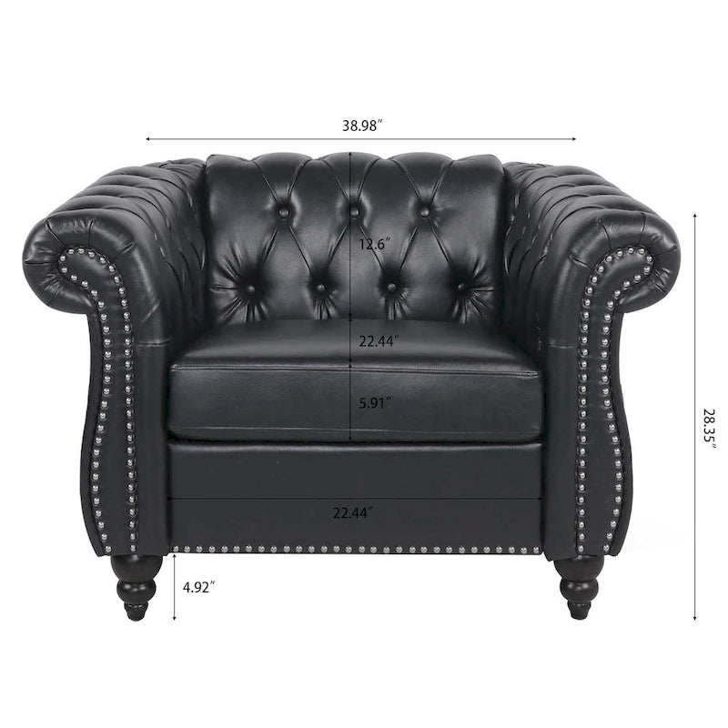 Klassisch elegantes 84.65-Dreisitzer-Chesterfield-Sofa mit gerollten Armlehnen aus PU-Leder – stabile Birkenbeine, weiche Polsterung