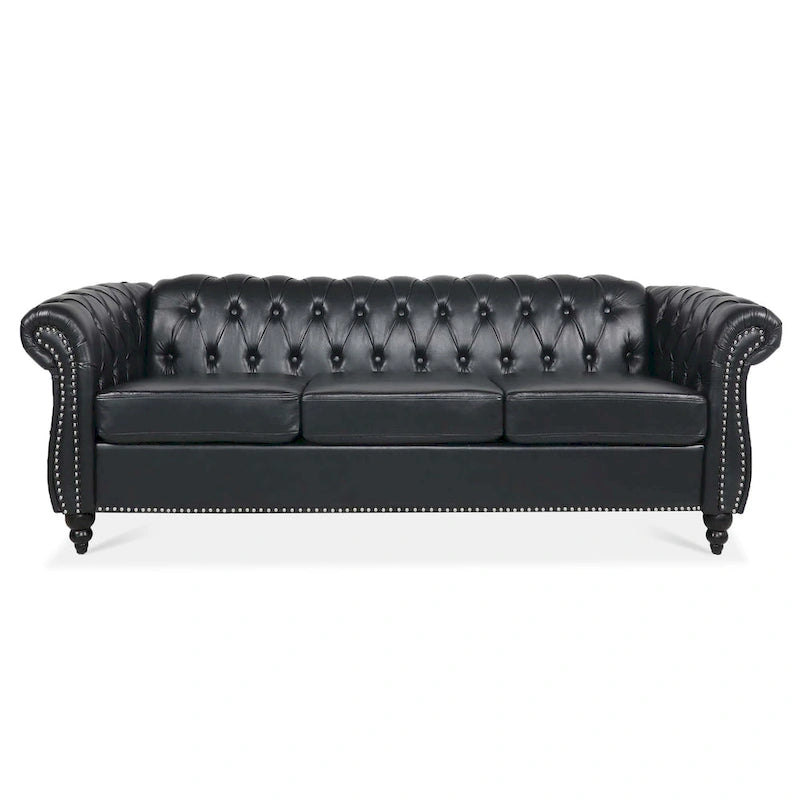 Klassisch elegantes 84.65-Dreisitzer-Chesterfield-Sofa mit gerollten Armlehnen aus PU-Leder – stabile Birkenbeine, weiche Polsterung