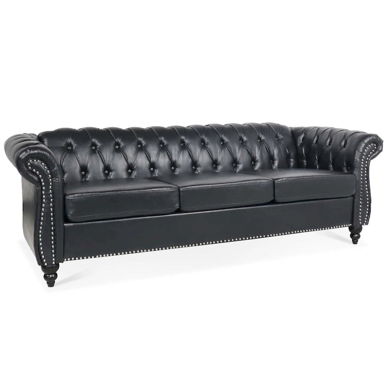 Klassisch elegantes 84.65-Dreisitzer-Chesterfield-Sofa mit gerollten Armlehnen aus PU-Leder – stabile Birkenbeine, weiche Polsterung