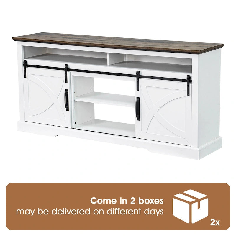 Meuble TV rustique de 68 pouces avec portes coulissantes de grange, console TV blanche pour téléviseurs de 80 pouces