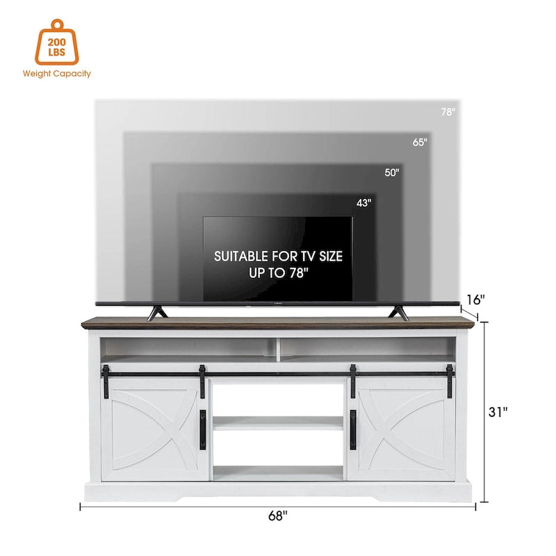 Meuble TV rustique de 68 pouces avec portes coulissantes de grange, console TV blanche pour téléviseurs de 80 pouces