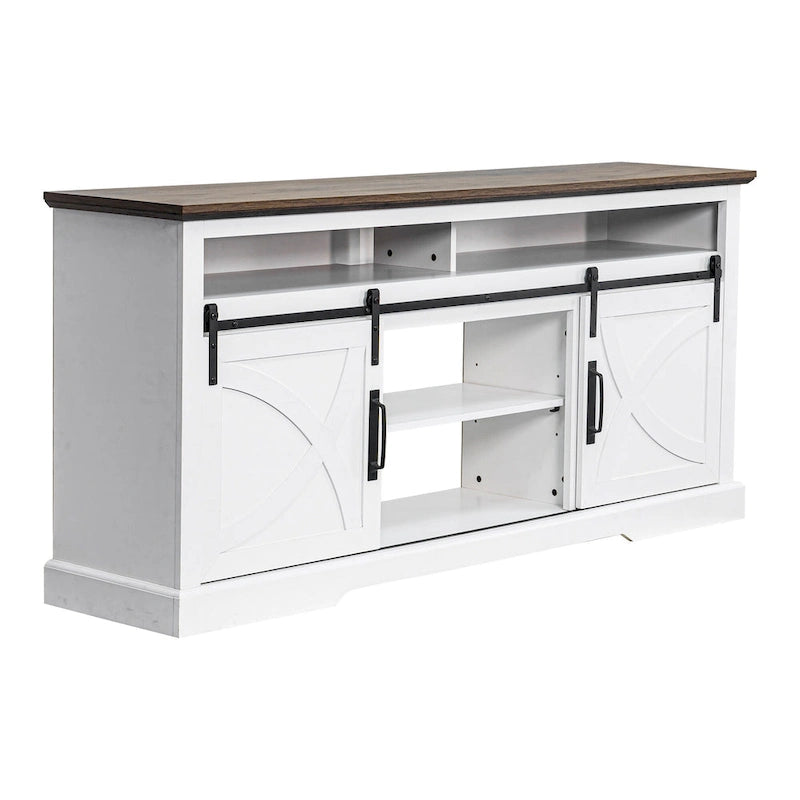 Meuble TV rustique de 68 pouces avec portes coulissantes de grange, console TV blanche pour téléviseurs de 80 pouces