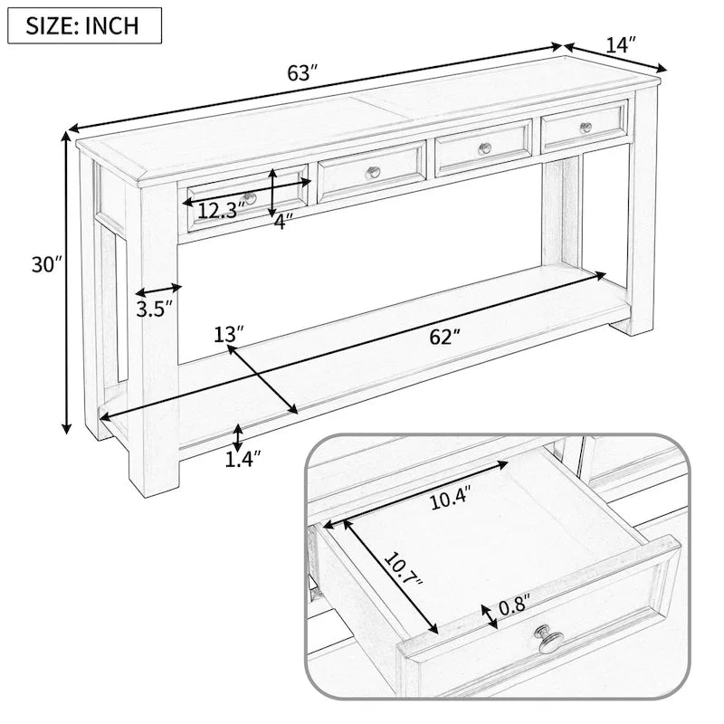Konsolentisch/Sofatisch mit Schubladen und unterem Ablageboden