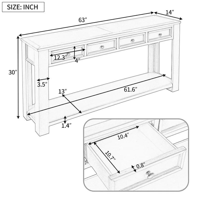 Konsolentisch/Sofatisch mit Schubladen und unterem Ablageboden