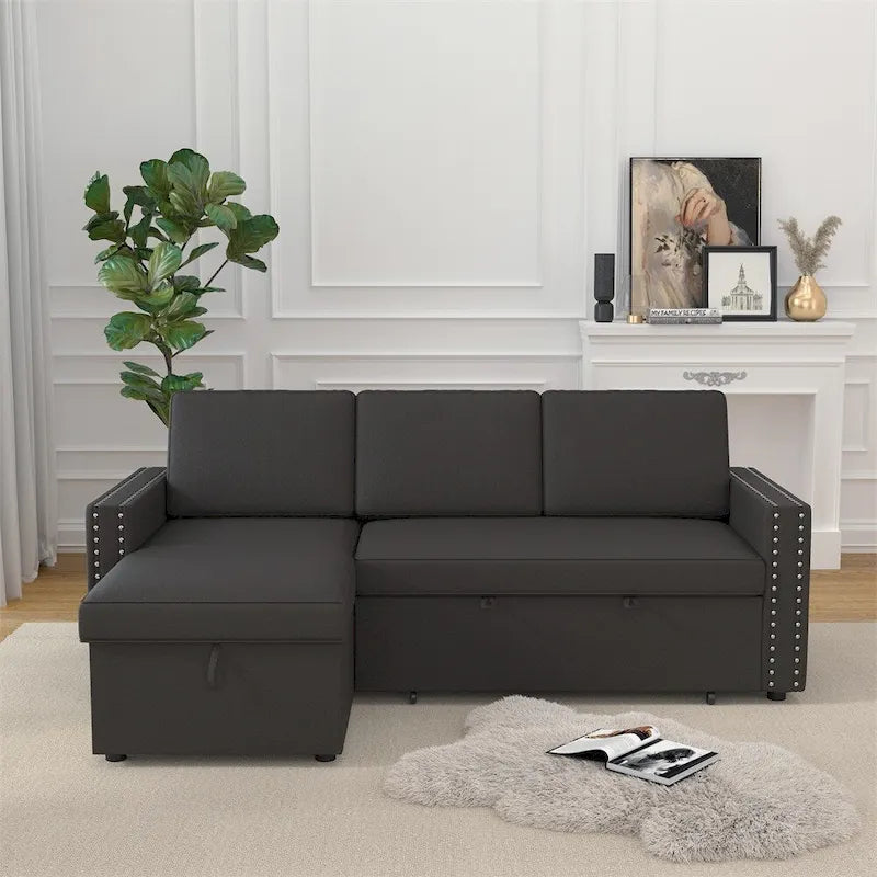 85 3-Sitzer-Schlafsofa mit Stauraum und Récamiere, Zugband und Kupfernägeln