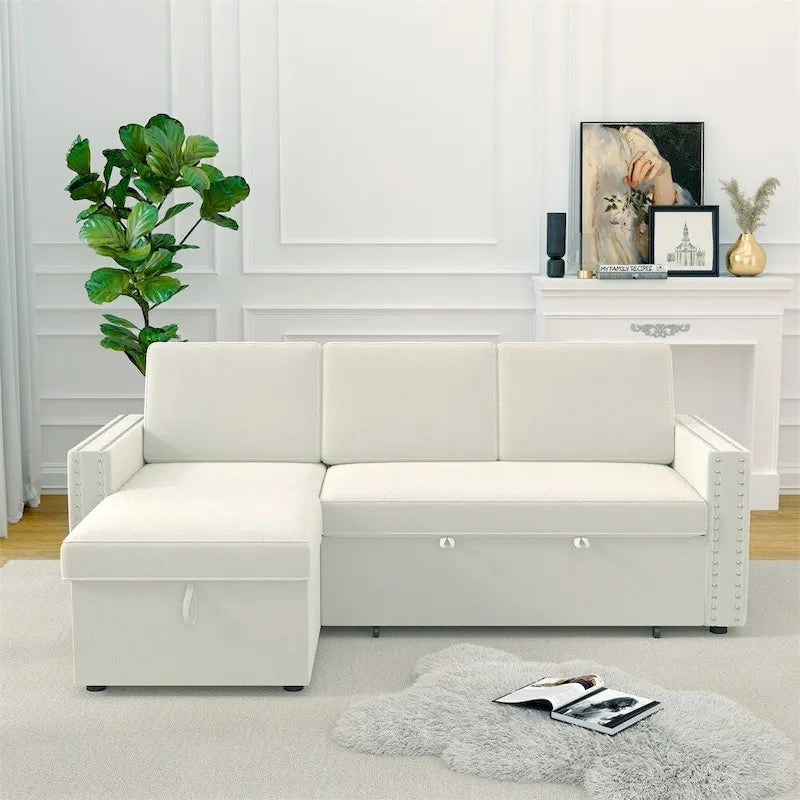 85 3-Sitzer-Schlafsofa mit Stauraum und Récamiere, Zugband und Kupfernägeln