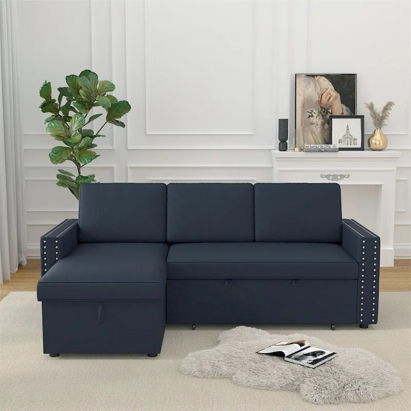 85 3-Sitzer-Schlafsofa mit Stauraum und Récamiere, Zugband und Kupfernägeln