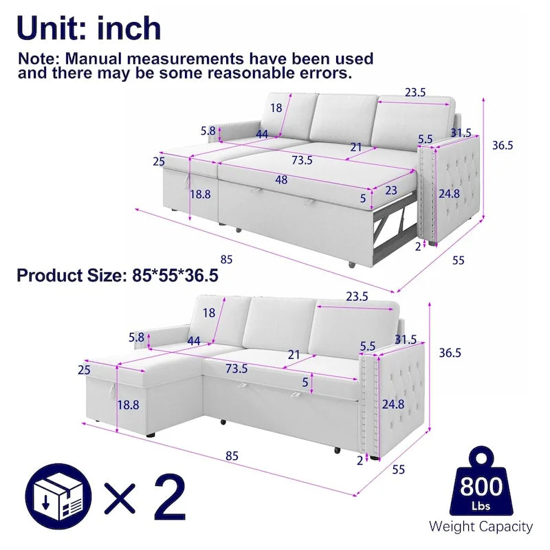 85 3-Sitzer-Schlafsofa mit Stauraum und Récamiere, Zugband und Kupfernägeln