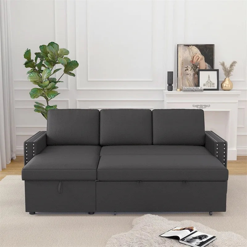 85 3-Sitzer-Schlafsofa mit Stauraum und Récamiere, Zugband und Kupfernägeln