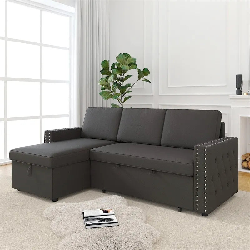 85 3-Sitzer-Schlafsofa mit Stauraum und Récamiere, Zugband und Kupfernägeln