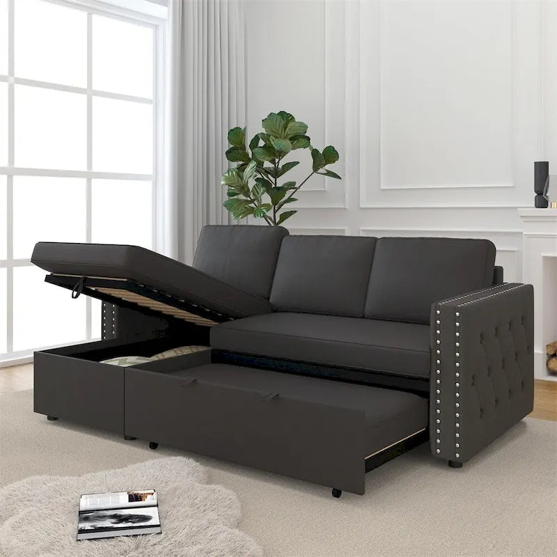 85 3-Sitzer-Schlafsofa mit Stauraum und Récamiere, Zugband und Kupfernägeln