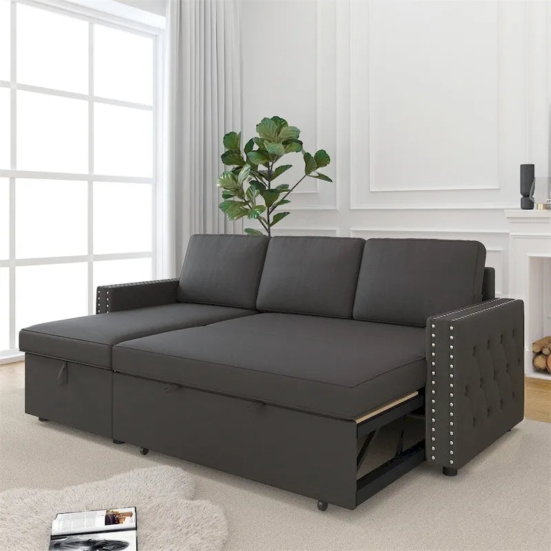 85 3-Sitzer-Schlafsofa mit Stauraum und Récamiere, Zugband und Kupfernägeln