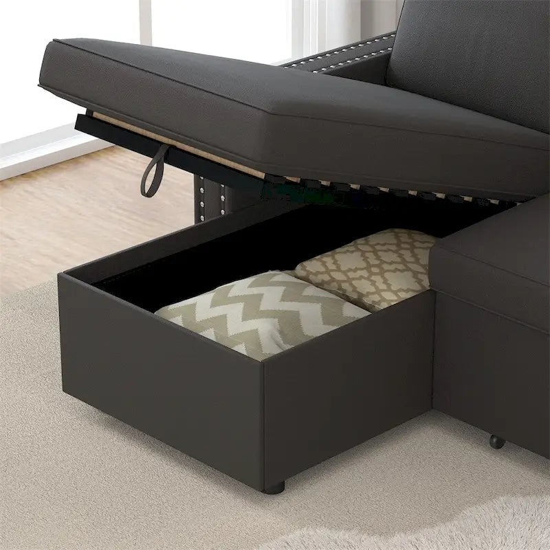 85 3-Sitzer-Schlafsofa mit Stauraum und Récamiere, Zugband und Kupfernägeln