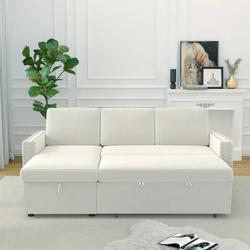 85 3-Sitzer-Schlafsofa mit Stauraum und Récamiere, Zugband und Kupfernägeln