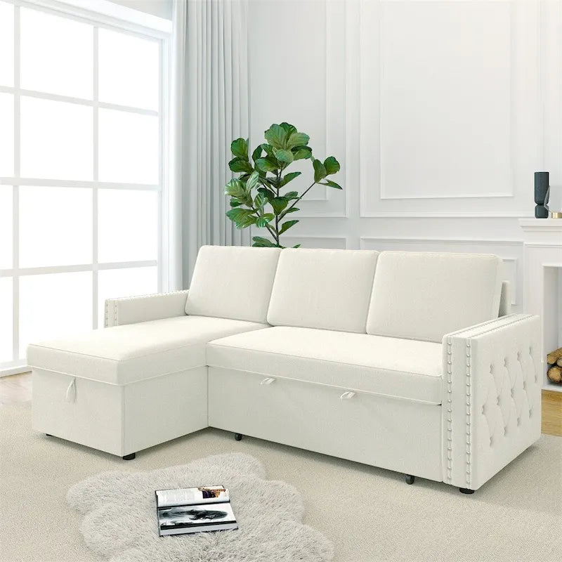 85 3-Sitzer-Schlafsofa mit Stauraum und Récamiere, Zugband und Kupfernägeln