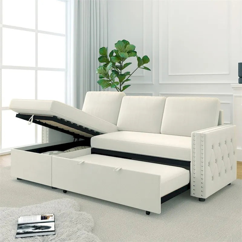 85 3-Sitzer-Schlafsofa mit Stauraum und Récamiere, Zugband und Kupfernägeln