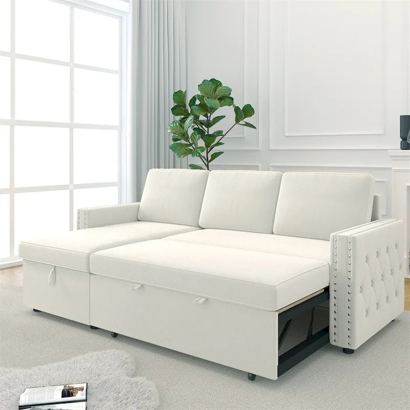 85 3-Sitzer-Schlafsofa mit Stauraum und Récamiere, Zugband und Kupfernägeln