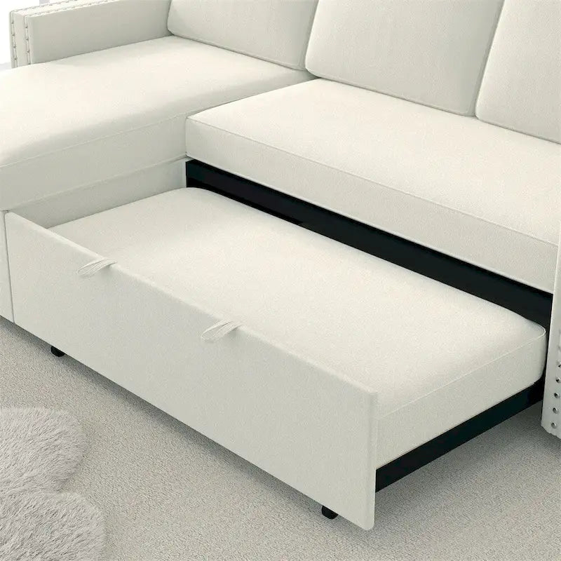 85 3-Sitzer-Schlafsofa mit Stauraum und Récamiere, Zugband und Kupfernägeln