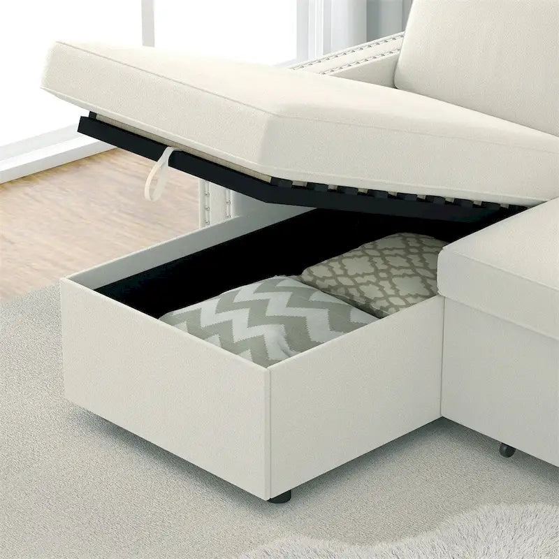 85 3-Sitzer-Schlafsofa mit Stauraum und Récamiere, Zugband und Kupfernägeln
