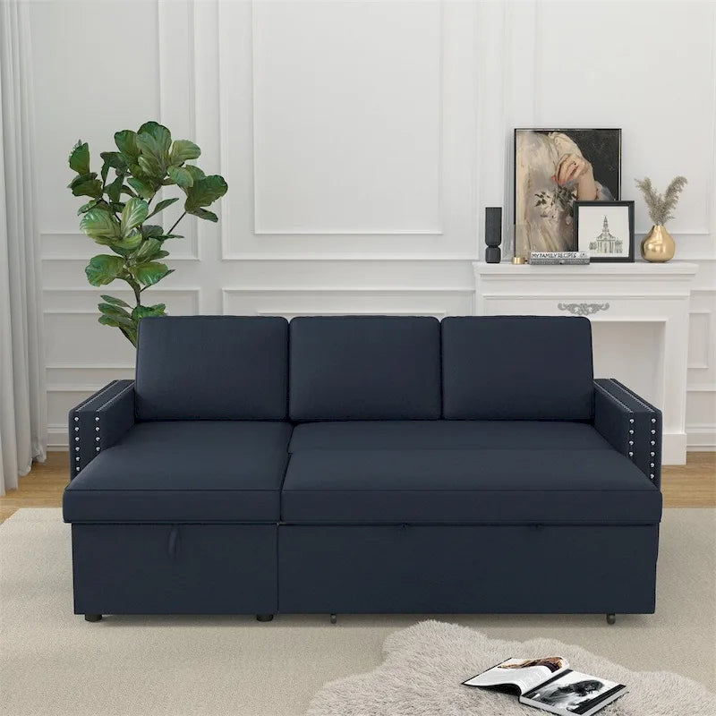 85 3-Sitzer-Schlafsofa mit Stauraum und Récamiere, Zugband und Kupfernägeln