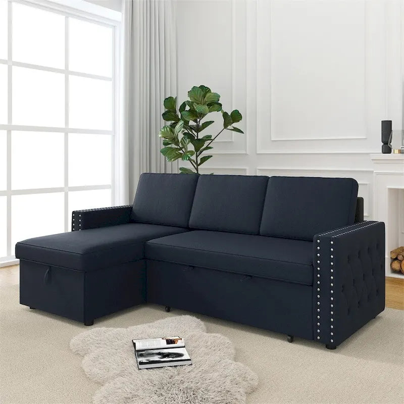 85 3-Sitzer-Schlafsofa mit Stauraum und Récamiere, Zugband und Kupfernägeln
