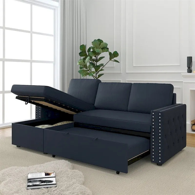 85 3-Sitzer-Schlafsofa mit Stauraum und Récamiere, Zugband und Kupfernägeln