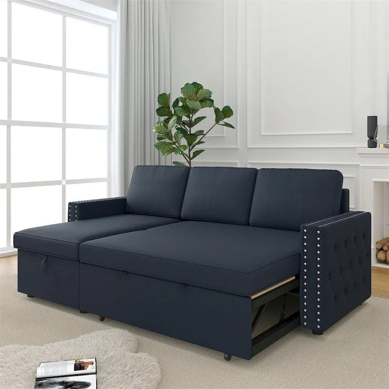 85 3-Sitzer-Schlafsofa mit Stauraum und Récamiere, Zugband und Kupfernägeln