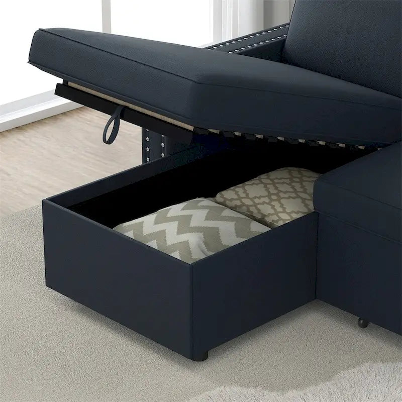 85 3-Sitzer-Schlafsofa mit Stauraum und Récamiere, Zugband und Kupfernägeln